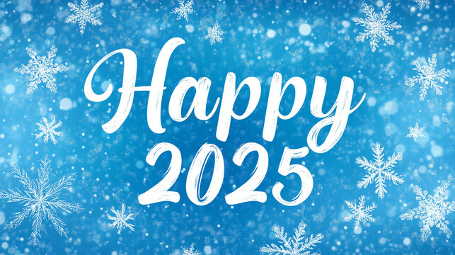 "Happy 2025" written in curly white text on a blue frosted background with snowflakes New Year, greeting card, banner