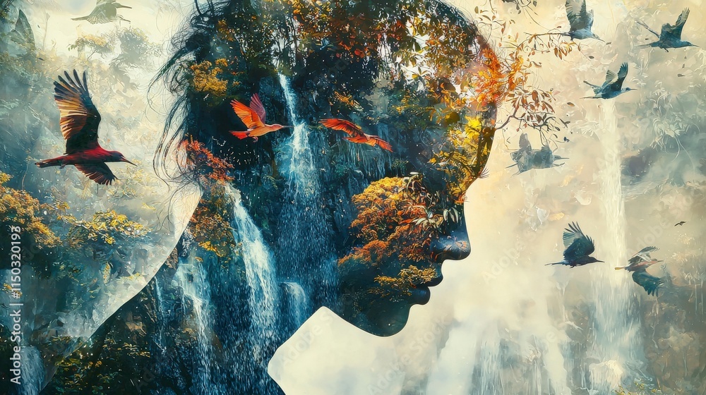Poster musician's double exposure portrait in nature artistic composition ethereal environment serene viewp
