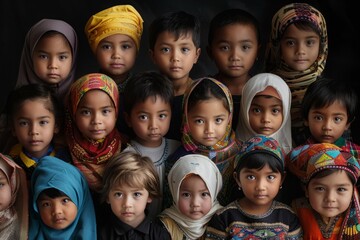 Fototapeta premium A group of children wearing colorful scarves and hats