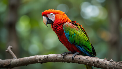 Obraz premium A vibrant red and green parrot perched gracefully on a branch, showcasing its colorful feathers in a natural setting.