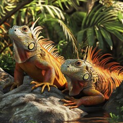 Naklejka premium Colorful Iguanas in Lush Tropical Environment with Vibrant Foliage