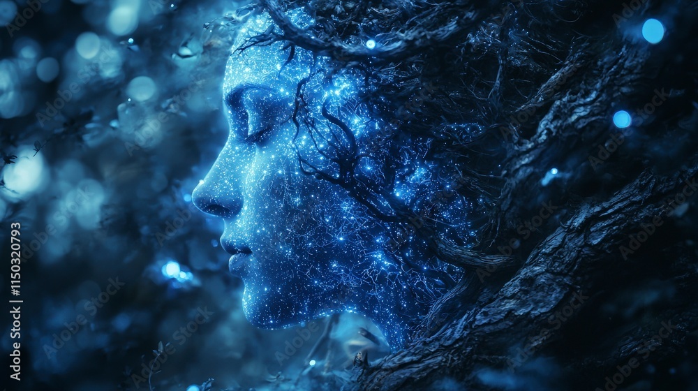 Aufkleber mystical double exposure of a scientist’s profile in enchanted forest nature portrait dreamy etherea
