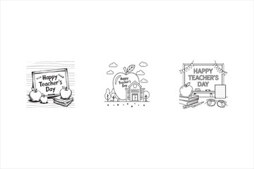 Set of  Teacher's Day background coloring page black and white