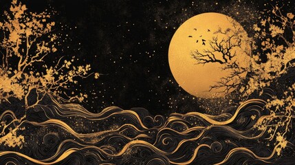 Luxury gold oriental style background vector. Chinese and Japanese oriental line art with golden...