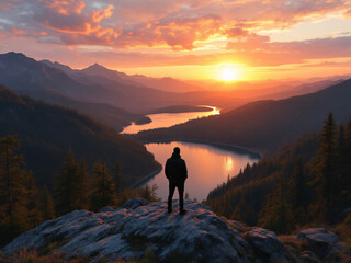 Fototapeta premium Sunset, lake, mountains, reflection, silhouette, tranquil, sunrise, landscape, nature, water, sky, clouds, horizon, peaceful, dusk, dawn, outdoors, scenic, calm, serene, sun, light, shadows, evening, 