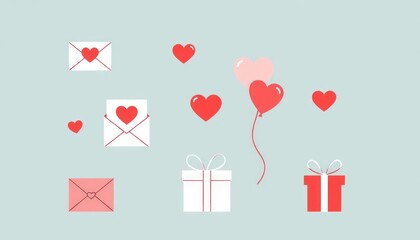 Minimalist icons of love letters, heart-shaped balloons, and gift boxes for Valentine’s Day.