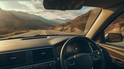 Driving on scenic road at sunset with mountains and wooden fence in desert landscape