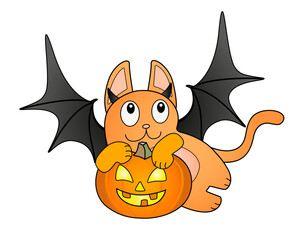 Cute ginger cat in a bat costume carries a pumpkin - vector full color illustration. Kitten with bat wings and Jack's lantern - Halloween illustration.	