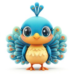 A cute, cartoon-style bird with vibrant colors and large eyes, featuring a peacock-like tail.