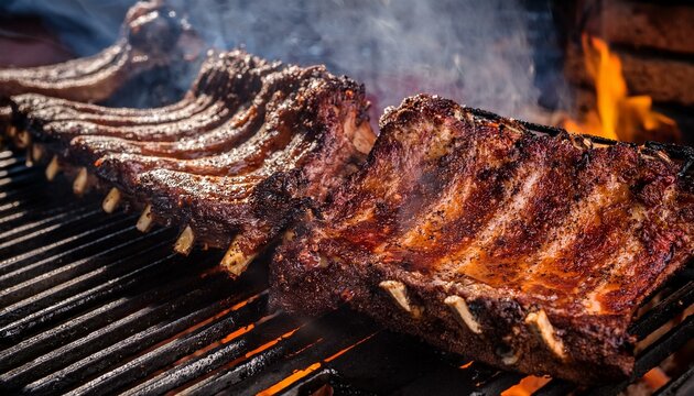 Generated image Close-up of beef ribs grilling on an Argentinian asado parrilla