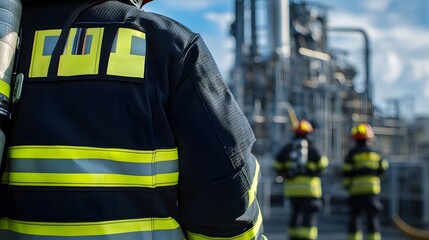 Close-up on reflective firefighter jacket details, industrial plant machinery visible behind.