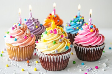 A row of colorful cupcakes with sprinkles on top