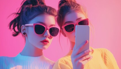 Two Girls Capturing Moments With Smartphone Cameras And Stylish Sunglasses In Tow, Capturing Vivid Memories In Style!