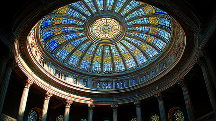 Obraz premium Ornate stained-glass dome ceiling interior.