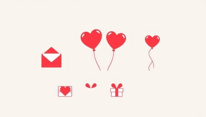 Minimalist icons of love letters, heart-shaped balloons, and gift boxes for Valentine’s Day.