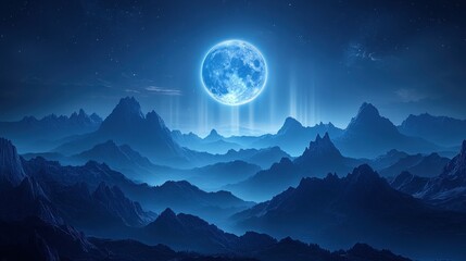A serene night landscape illuminated by a large moon over distant mountains.