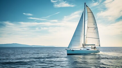 Obraz premium Sailing boat navigating in a beautiful bay with mountains and blue sky