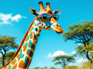 Obraz premium Colorful giraffe with sunglasses