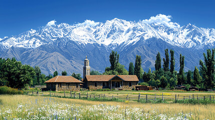 Picturesque village nestled in valley with majestic snow-capped mountains.