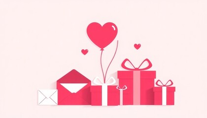 Minimalist icons of love letters, heart-shaped balloons, and gift boxes for Valentine’s Day.