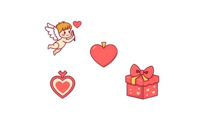 Kawaii-style Valentine icons including a cupid, heart locket, and chocolate box.