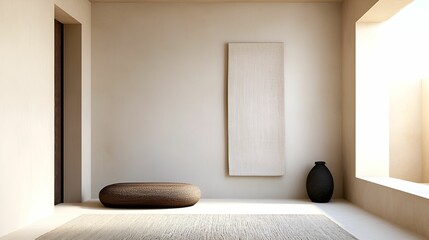 Wall art mockup interior concept. Minimalist interior with natural light, featuring art and a cozy seating area.