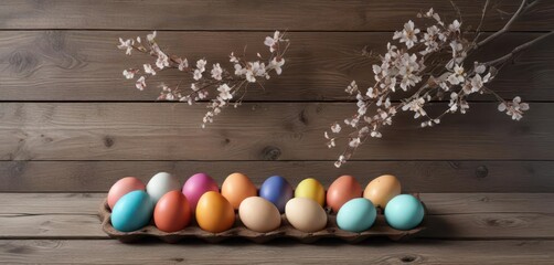 Obraz premium Colorful eggs arranged artistically with flowering branches on weathered wood , floral arrangement, rustic, branches