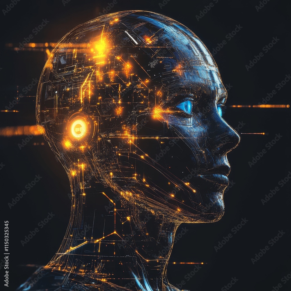 Poster futuristic humanoid robot illuminated with glowing circuits and data streams against a dark backgrou