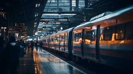 Suburban train waiting at station platform on a foggy autumn morning