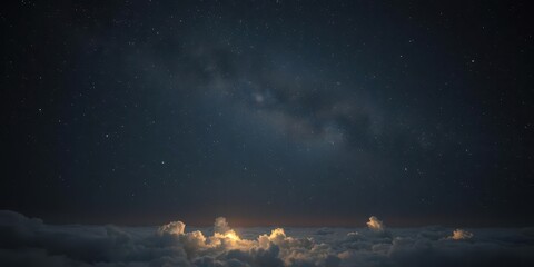 Naklejka premium Dark inky sky, star-filled, luminous clouds below, awe, majestic