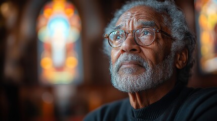 A senior man praying in a church, expressing faith, gratitude, and seeking forgiveness