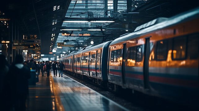 Suburban train waiting at station platform on a foggy autumn morning