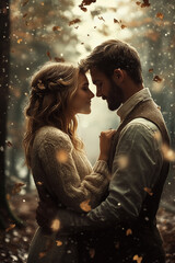 Romantic photograph of a couple in love, set in a forest with falling leaves, soft lighting, and warm tones.