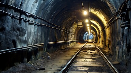 Underground tunnel with tracks and lights illuminating the path