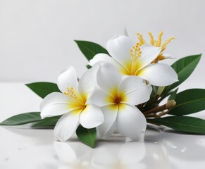 Fototapeta premium Delicate frangipani, pure white backdrop, sharp focus, element, photography, spa