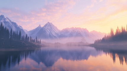 Majestätische Berglandschaft mit Sonnenuntergang und ruhigem See

