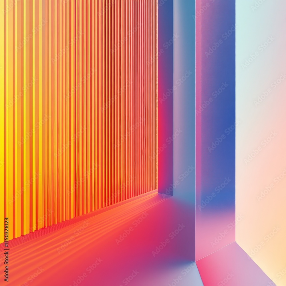 Poster vibrant abstract interior with colorful vertical lines and soft gradients creating a dynamic visual 