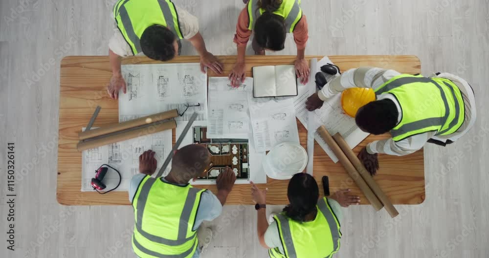 Poster top view, people and construction team with blueprint, discussion and floor plan for house project. 