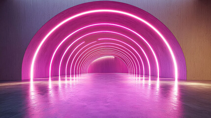Fototapeta premium Pink neon lights in arched wooden tunnel.