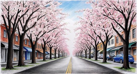 Fototapeta premium A street filled with cherry blossom trees in full bloom hand drawing