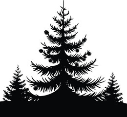 Obraz premium Black Vector Silhouette of a Full Pine Tree on a Pure White Background, Perfect for Nature and Minimalist Themes