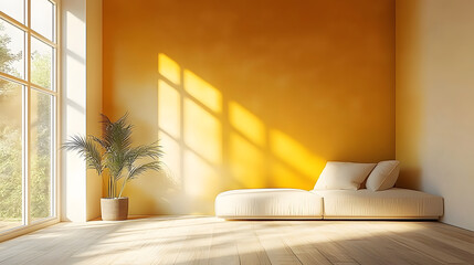 A freshly painted interior with a seamless blend of modern color choices. The walls are painted in soothing neutrals, accentuated feature wall in a living room, Sunlight filters through the room.