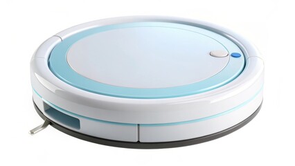A compact, round robotic vacuum cleaner designed for automated cleaning, featuring a sleek blue and white design.