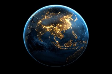 Obraz premium A close-up of Earth as seen from space, showcasing vivid continents, deep blue oceans, and glowing city lights on the dark side