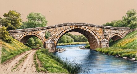 Fototapeta premium An ancient stone bridge crossing a calm river in the countryside hand drawing