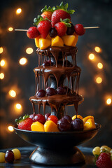 Dark chocolate fountain, a chocolate stream captures a skewer with fruits: strawberry, mango, and grape, bright background with string lights, close-up shot, vertical frame
