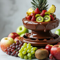 Melted chocolate fountain on a festive table with fruit skewers: pineapple, kiwi, grapes, apples, bright white background, close-up of chocolate and fruit, square frame