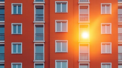 Naklejka premium Modern apartment block under construction, resident shadow in foreground, sunset backdrop, concept of new beginnings