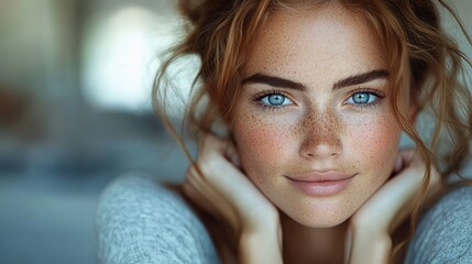 A studio portrait of a woman with freckles promotes skincare, natural beauty, and self-love