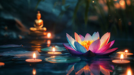 Lotusblüte und Kerzenlicht vor sitzendem Buddha in ruhiger Umgebung

